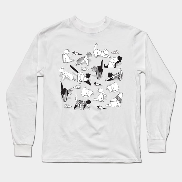 Origami kitten friends // black background black and white paper cats Long Sleeve T-Shirt by SelmaCardoso